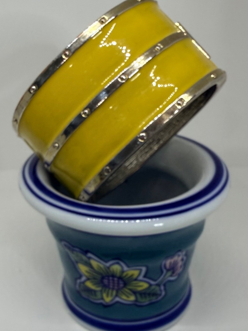 Unique Shape Bright Yellow Hinged Cuff Enamel Bracelet with Metal Studs